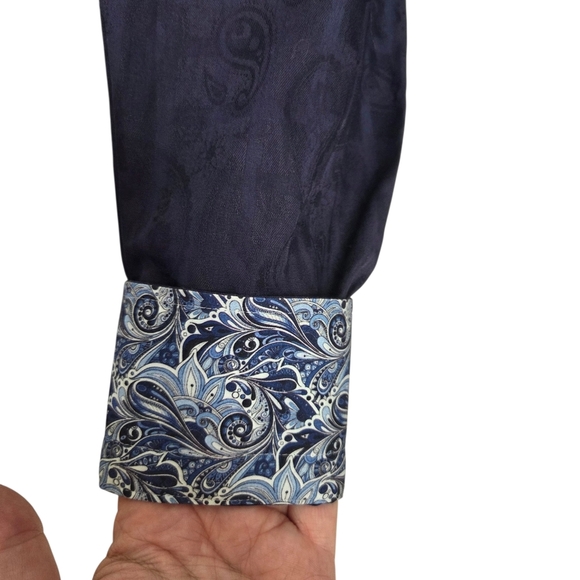 7 Downie St Dark Blue Button-Down Shirt With Subtle Paisley Pattern Size L - Picture 3 of 9